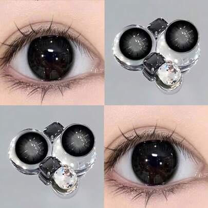 2pcs Natural Black Colored Contact Lenses, Diameter 14.5mm, Suitable For Eye Makeup, Cosmetic Lenses For Beauty Enhancement, All Year Round Use Halloween Costume Cosplay