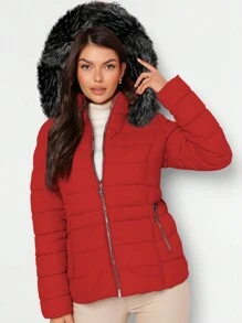 Shendy Vendy Women's Warm Polyester Jacket With Fur Collar - RED 1 - View 3