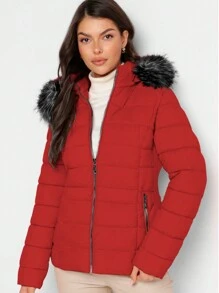 Shendy Vendy Women's Warm Polyester Jacket With Fur Collar - RED 1 - View 2