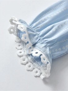 女婴心形印花荷叶边领条纹衬衫和裤子休闲套装 - 藍色 - 查看 4