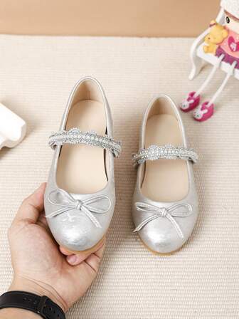 Nya Flat Bow Mary Jane Shoes, Mjuk sula Little Princess Balett Flats, Silver Grey Elegant & Gentle