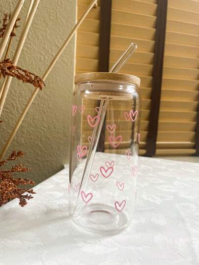 1 Pc 16 Oz, Ins Style, Pink Heart /Strawberry/Bowprint, Glass Coffee Cup With Bamboo Lid And Straw, Small And Fresh Appearance, Suitable For Birthdays, Christmas, Thanksgiving Gifts, Family And Friends, Souvenirs, Suitable For Home, Office, Camping Trips