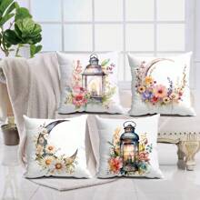 许愿灯印花斋月枕套，新月与星星悬挂装饰毛绒单面印花座垫套，花卉与吉祥含义，适合所有季节（不含枕芯） - 彩色 - 查看 3