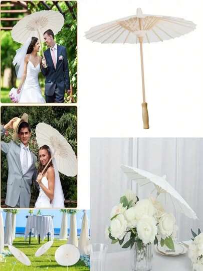 1pc White Paper Umbrella, Wedding Decor, DIY Painting & Photography Prop, Elegant Wedding Accessory And Fashionable Parasol - Wooden Handle, Handmade Craft, Suitable For Outdoor Decor, White DIY Painted Paper Umbrella, Wedding Party Parasol, Dance Prop (60cm/23.62 Inches)
