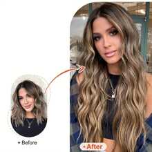 Extensiones de cabello sintético, set de 7 piezas con 16 clips, de color marrón mezclado con rubio, ondulado largo, resistente al calor, para uso diario, de fiesta y vacaciones de las mujeres