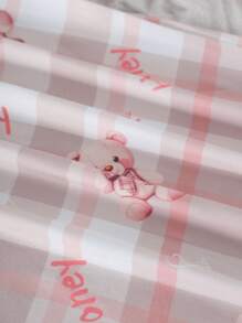 大码女士睡衣套装，可爱熊图案圆领短袖 T 恤 + 松紧腰格子裤带蝴蝶结装饰，2 件套，舒适面料，适合休闲或户外穿着 - 粉色 - 查看 7