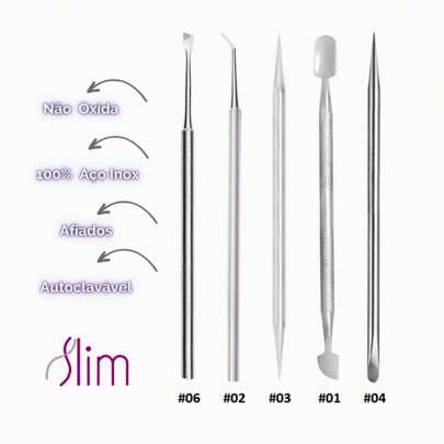 Kit Manicure Profissional 5 Itens - Espátulas Palitos - Aço Inox - Pedicure e Podologia Slim