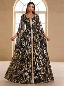 YISIKADO 女士阿拉伯风格长袖金属箔印花正式晚礼服、派对礼服、婚礼宾客礼服、长袍 - 黑色 - 查看 2