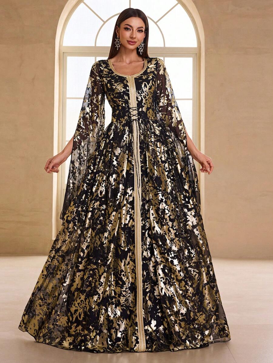 YISIKADO 女士阿拉伯风格长袖金属箔印花正式晚礼服、派对礼服、婚礼宾客礼服、长袍