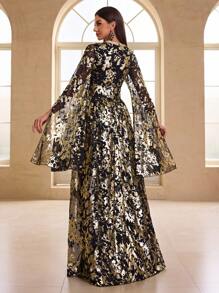 YISIKADO 女士阿拉伯风格长袖金属箔印花正式晚礼服、派对礼服、婚礼宾客礼服、长袍 - 黑色 - 查看 3