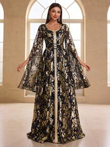 YISIKADO 女士阿拉伯风格长袖金属箔印花正式晚礼服、派对礼服、婚礼宾客礼服、长袍 - 黑色 - 查看 5