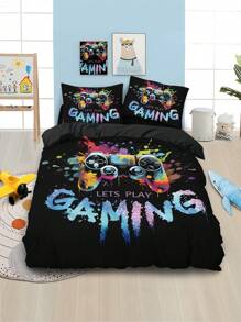 Conjunto de cama com 4 peças de controle de jogo de desenho animado preto impresso, incluindo 1 capa de edredom e 2 fronhas, 1 lençol, sem enchimento, macio e confortável, adequado para filha, quarto de namorada, design exclusivo de fecho de zíper para presente de cama decorativo, fácil de lavar e manter, adequado para uso diário, adiciona charme infantil à decoração aconchegante da casa