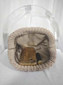 女士针织手提包，纯色，大容量，经典复古搭扣设计，适合度假旅行 - 卡其色 - 查看 9