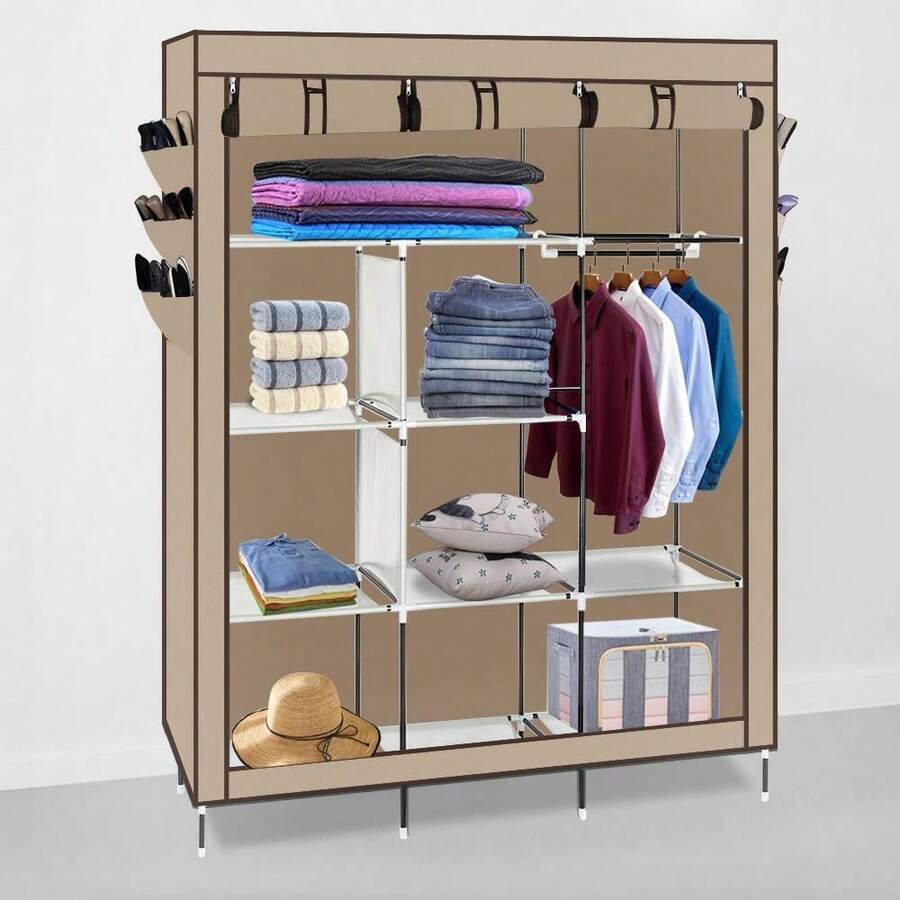 New Utility Closet Holder Storage Wardrobe Clothes Rack Shelves Cabinet Brown