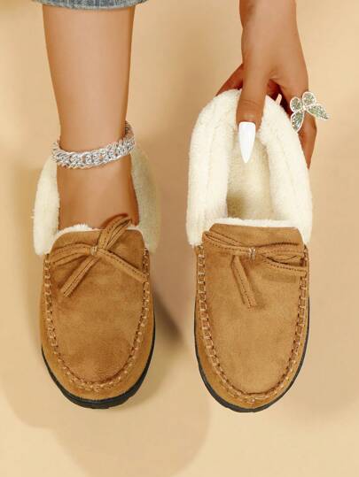 Sapatos de miçangas da moda feminina, mocassins grossos, chinelos de casa com decoração de laço, sapatilhas quentes