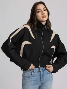 Chaqueta casual sencilla de mujer con cremallera delantera, manga larga y color liso con parches - Negro - Ver 2