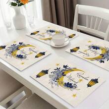 4/6/8 Pieces Set Linen Placemat, Heatproof, Modern Design With Lantern & Moon Pattern, Suitable For Holiday Dining And Kitchen Decor, 12x18 Inches