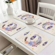 4/6/8 Pieces Set Linen Placemat, Heatproof, Modern Design With Lantern & Moon Pattern, Suitable For Holiday Dining And Kitchen Decor, 12x18 Inches