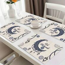 4/6/8 Pieces Set Linen Placemat, Heatproof, Modern Design With Lantern & Moon Pattern, Suitable For Holiday Dining And Kitchen Decor, 12x18 Inches