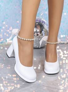 Tacones gruesos con punta redonda y adorno de perla blanca para mujer, zapatos cómodos, casuales, versátiles para fiesta y formal, que aumentan la altura - Blanco - Ver 5