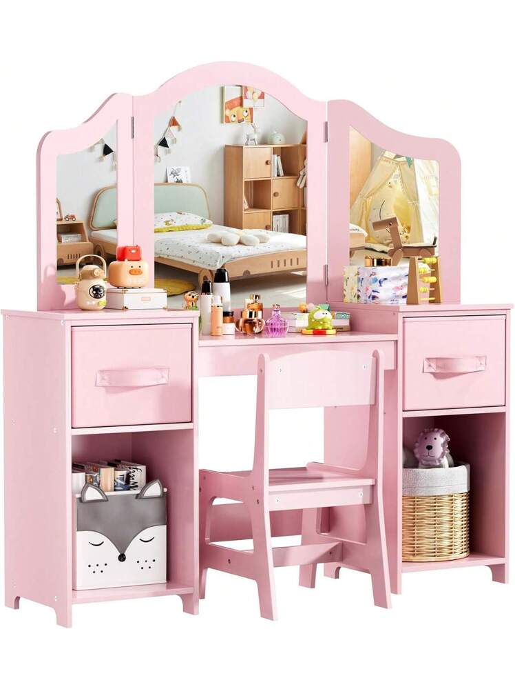 childrens pink dressing table Amazon.com: Nromant Kids Vanity Table and Chair Set, Girls Vanity Set with  Stool, Tri-Folding Mirror, Dressing Table with Drawer for Little Girls (Pink)  : Home & Kitchen