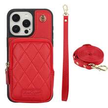 Funda de piel sintética (PU) compatible con iPhone 16, 15, 14, 13, 12, 11, Pro, X, XS, Max, XR, 8, 7 Plus, SE 2020, 2022, con ranuras para tarjetas, cremallera, bandolera y cuerda para el teléfono - Rojo - Ver 19
