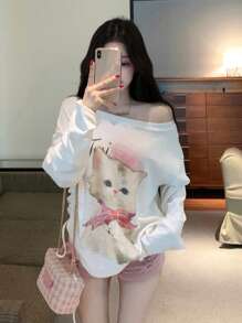 Áo thun dài tay dáng rộng in hình mèo dễ thương, cổ lệch vai, màu trắng, thích hợp mặc mùa xuân. - trắng - Xem 7