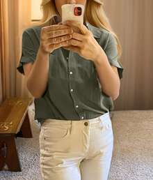 hoteel Women's Short Sleeve Casual Button-Down Shirt Summer Soft Fashionable Cotton Shirt Top With Pockets - xanh quân đội - Xem 5