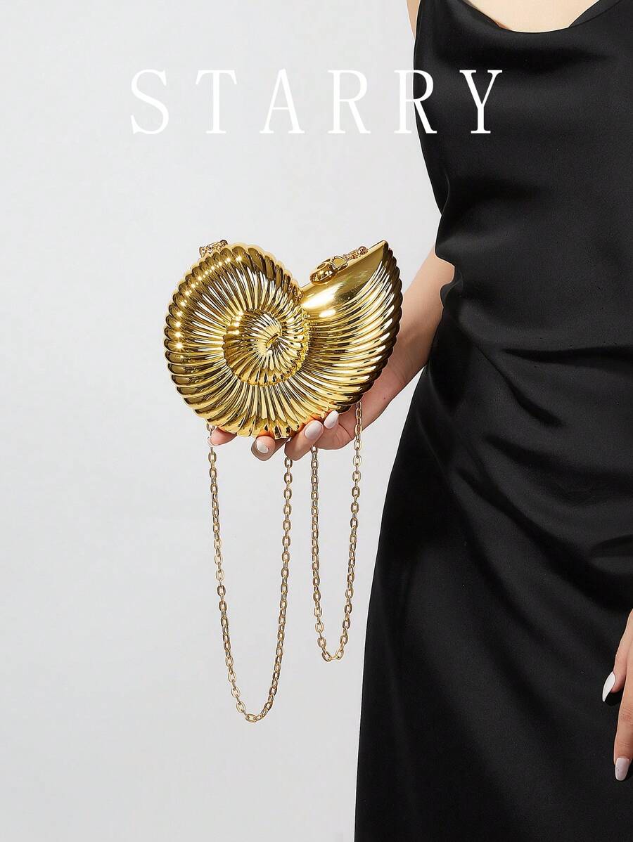 Mini Luxury Glossy Acrylic Women's Fashion Novel Shell Shaped Evening Bag Party Long Chain Shoulder Crossbody Handbag Wallet, Perfect Interesting Novel Gift - Gold - View 1