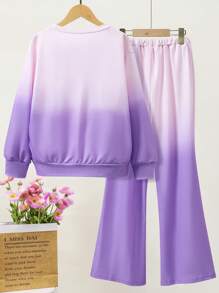 女孩扎染渐变印花字母圆领长袖运动衫和休闲直筒阔腿裤套装，青少年女孩和青少年 - 紫色 - 查看 2