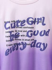 女孩扎染渐变印花字母圆领长袖运动衫和休闲直筒阔腿裤套装，青少年女孩和青少年 - 紫色 - 查看 4