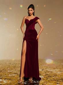 Smilprince 优雅的勃艮第天鹅绒紧身胸衣不对称领口高开衩长款紧身晚礼服，优雅的派对礼服，女士舞会礼服，正式晚礼服，婚礼宾客礼服 - 酒紅色 - 查看 4