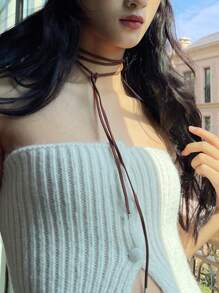 1pc Black Cord Bowknot Heart Shaped Necklace, Cute Style