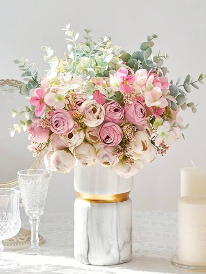 1 pieza de flor artificial de peonía falsa, flores de seda de hortensias a granel con eucalipto para decoración del hogar, fiesta, boda, centro de mesa, decoración de la habitación, regalos de novia, cumpleaños, graduación, fiestas, decoraciones