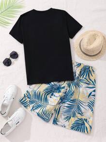 2pcs/Set Tween Boy Fashion Printed Short Sleeve Top & Shorts Set, Spring/Summer - Multicolor - View 2