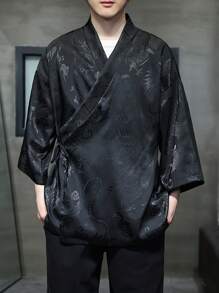 Unisex Summer Jacquard Shirt, Quarter Sleeve, Loose Fit Casual Hanfu Top With Dragon Pattern, Suitable As Yoga Wear, Sleepwear, Beachwear, Cardigan