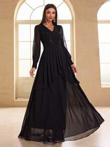 YISIKADO Women Sequin Plant Pattern Elegant Chiffon Prom Dress Ruffle Layered Hem V Neck Long Sleeve Cocktail Party Wedding Guest Birthday Dinner Graduation, Formal Dress, Evening Dress,Gown - Black - View 5