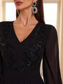 YISIKADO Women Sequin Plant Pattern Elegant Chiffon Prom Dress Ruffle Layered Hem V Neck Long Sleeve Cocktail Party Wedding Guest Birthday Dinner Graduation, Formal Dress, Evening Dress,Gown - Black - View 7