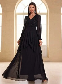 YISIKADO Women Sequin Plant Pattern Elegant Chiffon Prom Dress Ruffle Layered Hem V Neck Long Sleeve Cocktail Party Wedding Guest Birthday Dinner Graduation, Formal Dress, Evening Dress,Gown - Black - View 6