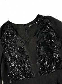 YISIKADO Women Sequin Plant Pattern Elegant Chiffon Prom Dress Ruffle Layered Hem V Neck Long Sleeve Cocktail Party Wedding Guest Birthday Dinner Graduation, Formal Dress, Evening Dress,Gown - Black - View 8