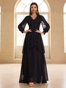 YISIKADO Women Sequin Plant Pattern Elegant Chiffon Prom Dress Ruffle Layered Hem V Neck Long Sleeve Cocktail Party Wedding Guest Birthday Dinner Graduation, Formal Dress, Evening Dress,Gown - Black - View 2