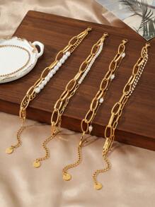 1条不锈钢女士时尚简约潮流珍珠回形针双层链手链，适合约会、派对和办公场合佩戴 - 金黃色 - 查看 1