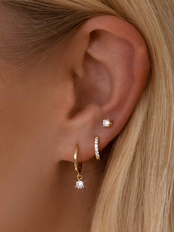 6pcs Fashionable Copper Zirconia Gold Tone Earrings Set, Mixed Design Earrings Studs Hoops Pendants, Versatile Gift For Women, Birthday, Vacation, Party, Daily Wear, New Year, Valentine's Day