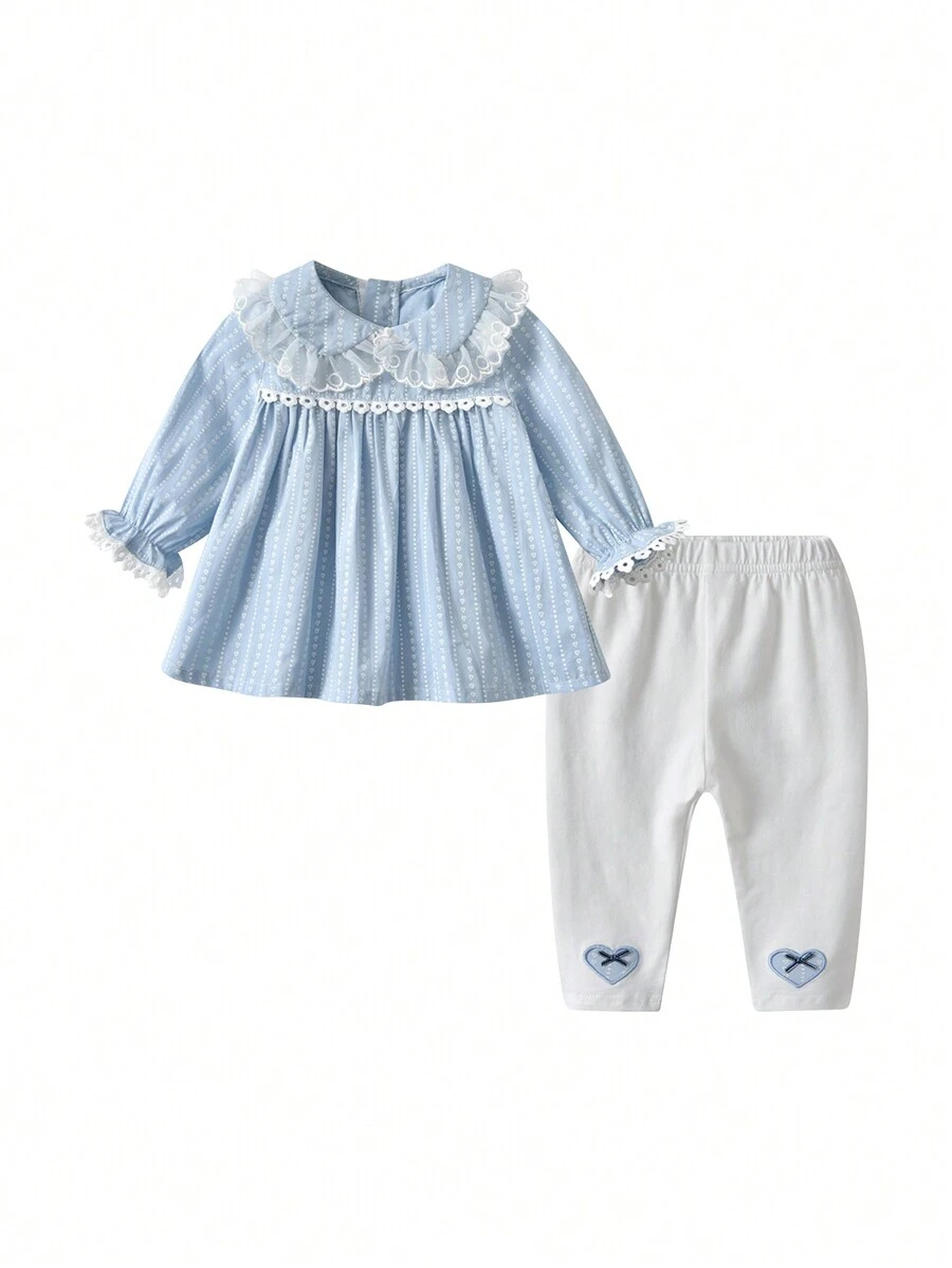 女婴心形印花荷叶边领条纹衬衫和裤子休闲套装 - 藍色 - 查看 1