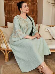 Solessence Ramadan Damen elegantes besticktes Gold Perlen Dekor Kleid im arabischen Stil mit V-Ausschnitt, kreative Ärmel, modisch & graziös, Frühling/Sommer 2025 Eid Al-Adha Kollektion, bescheidener Kaftan - Grün - Übersicht 11