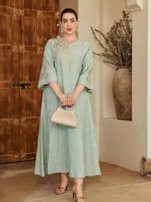 Solessence Ramadan Damen elegantes besticktes Gold Perlen Dekor Kleid im arabischen Stil mit V-Ausschnitt, kreative Ärmel, modisch & graziös, Frühling/Sommer 2025 Eid Al-Adha Kollektion, bescheidener Kaftan - Grün - Übersicht 5