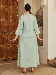 Solessence Ramadan Damen elegantes besticktes Gold Perlen Dekor Kleid im arabischen Stil mit V-Ausschnitt, kreative Ärmel, modisch & graziös, Frühling/Sommer 2025 Eid Al-Adha Kollektion, bescheidener Kaftan - Grün - Übersicht 12