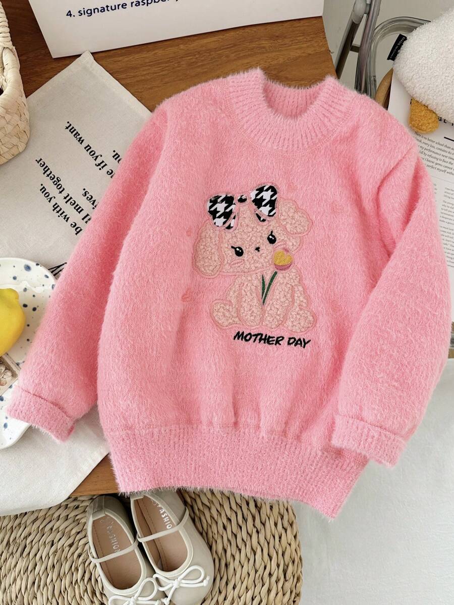 M.Dian xi 2025 Autumn/Spring Children Cartoon Sweater, Girls Round Neck Thick Faux Cashmere Knit Pullover
