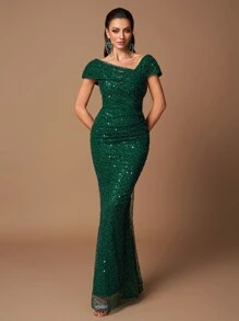 UNITHORSE 露肩褶皱重绣亮片手工串珠腰部收紧紧身正式晚礼服，优雅舞会礼服，适合婚礼嘉宾、毕业典礼、晚宴 - 墨綠色 - 查看 6