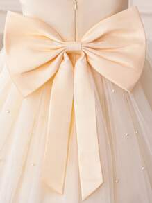 香槟色短袖手工串珠蝴蝶结女童圣诞派对优雅礼服，公主裙，适合女孩生日派对、舞会、毕业典礼、婚礼伴娘、节日庆典等场合。 - 香檳色 - 查看 4